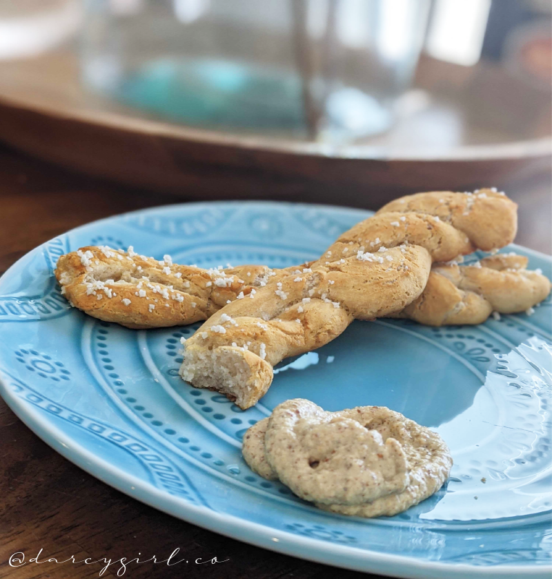 Gluten-free, vegan soft pretzel shaped into twisted rods