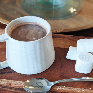 Cup of vegan hot chocolate with vegan marshmallows