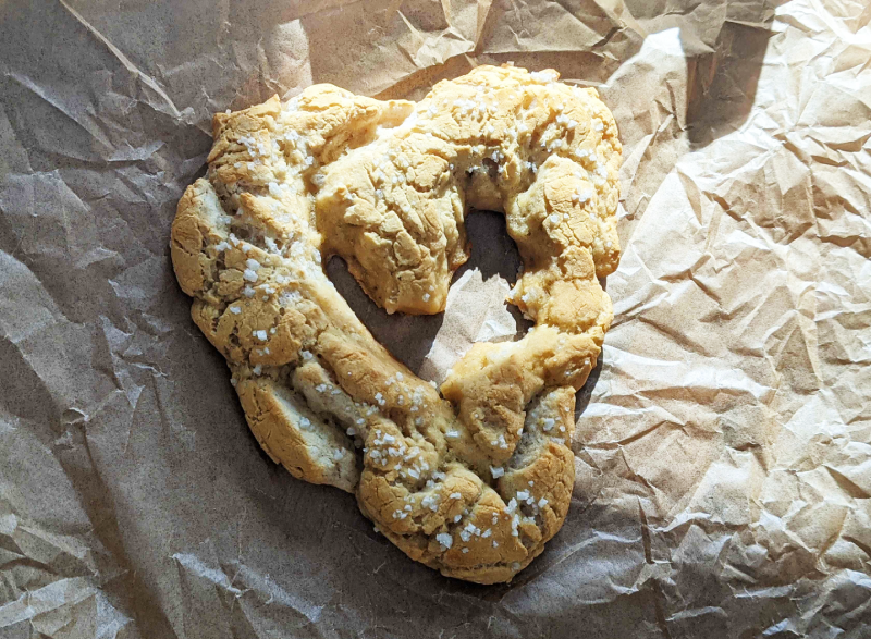 Gluten-free, vegan soft pretzel shaped into a heart shape